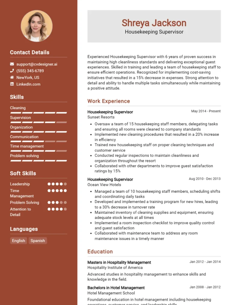 13 Housekeeping Supervisor CV Examples For 2025: Top Tips & Samples