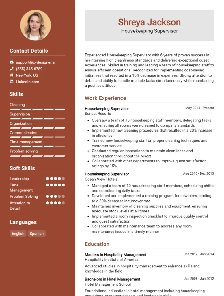 Housekeeping Supervisor CV Example