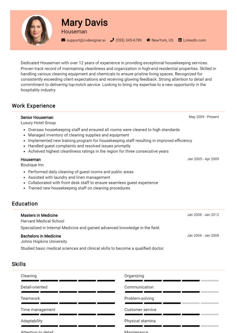 Houseman Resume Example for 2025: Resume Guide