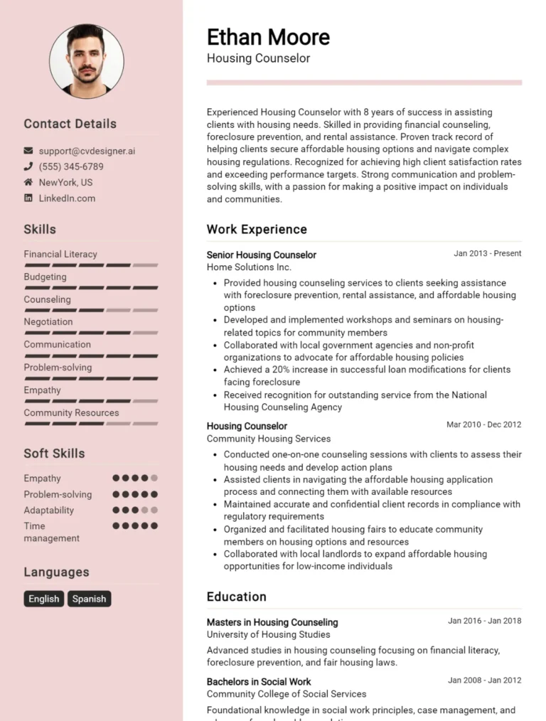 Housing Counselor CV Example For 2025: Top Tips & Samples