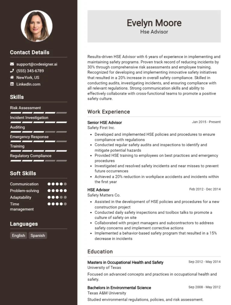 HSE Advisor CV Example For 2025: Samples & Best Practices