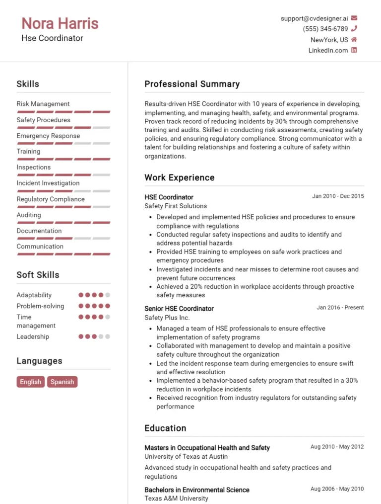 Hse Coordinator CV Example For 2025: Ultimate Guide