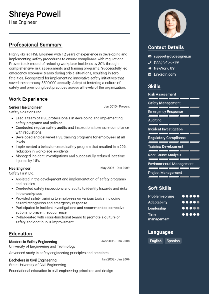 Hse Engineer Resume Example for 2024: Best Writing Guide - CVDesigner.ai