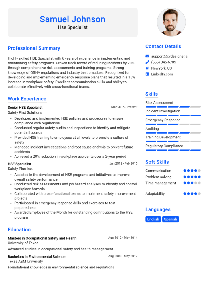 Hse Specialist Resume Example for 2024: Top Templates - CVDesigner.ai