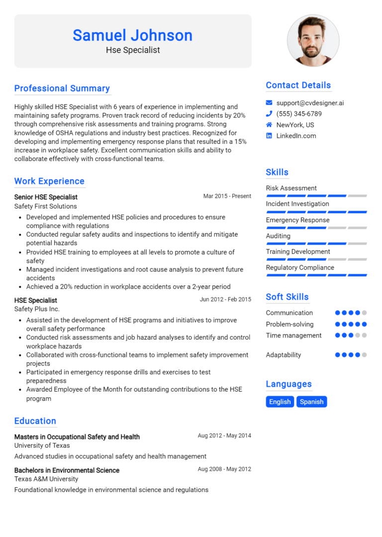Hse Specialist Resume Example for 2025: Top Templates