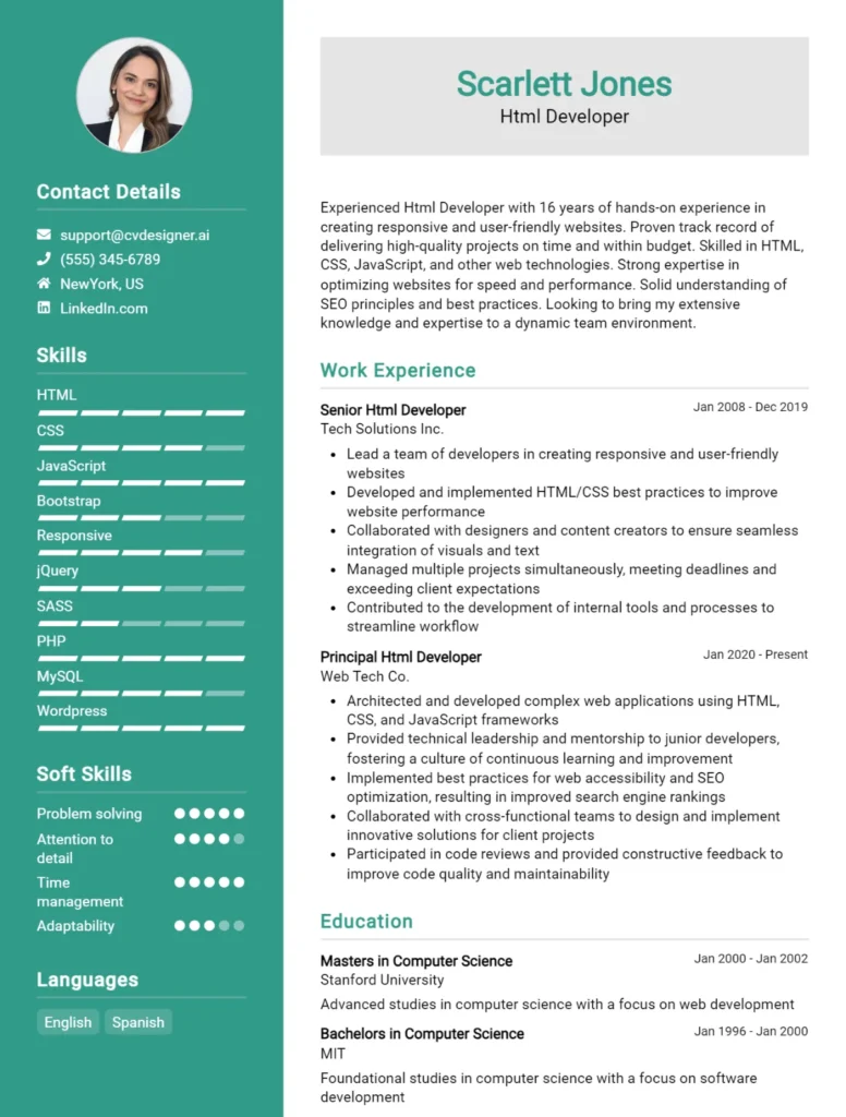 Html Developer CV Example