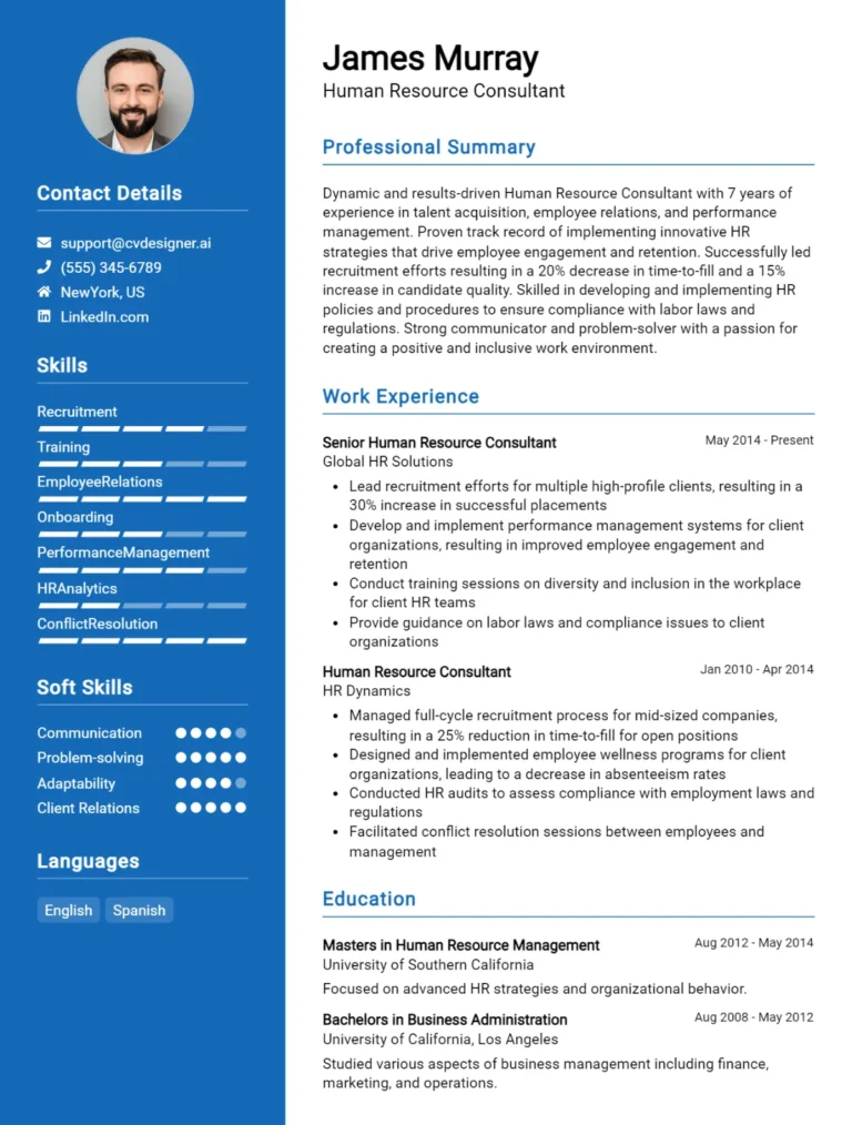 15 Human Resource Consultant CV Examples And Templates For 2025