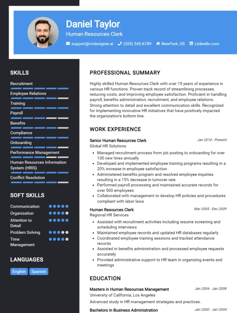 Human Resources Clerk CV Example