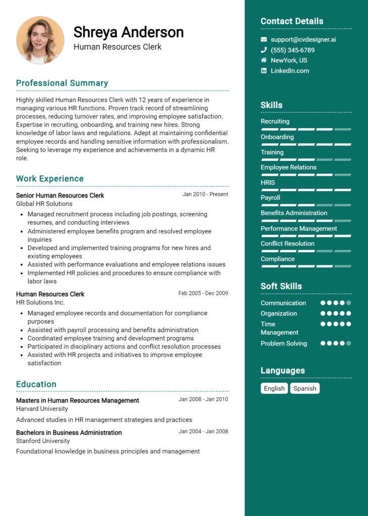 Human Resources Clerk Resume Example