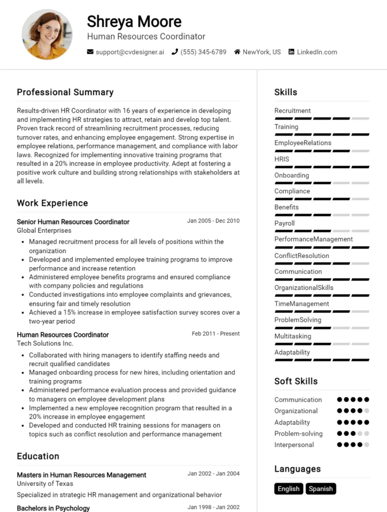 Human Resources Coordinator CV Example For 2025: Best Writing Guide