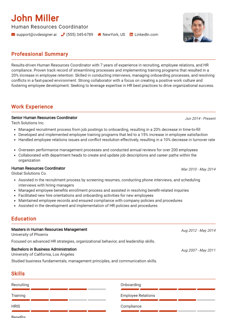 Human Resources Coordinator Resume Example