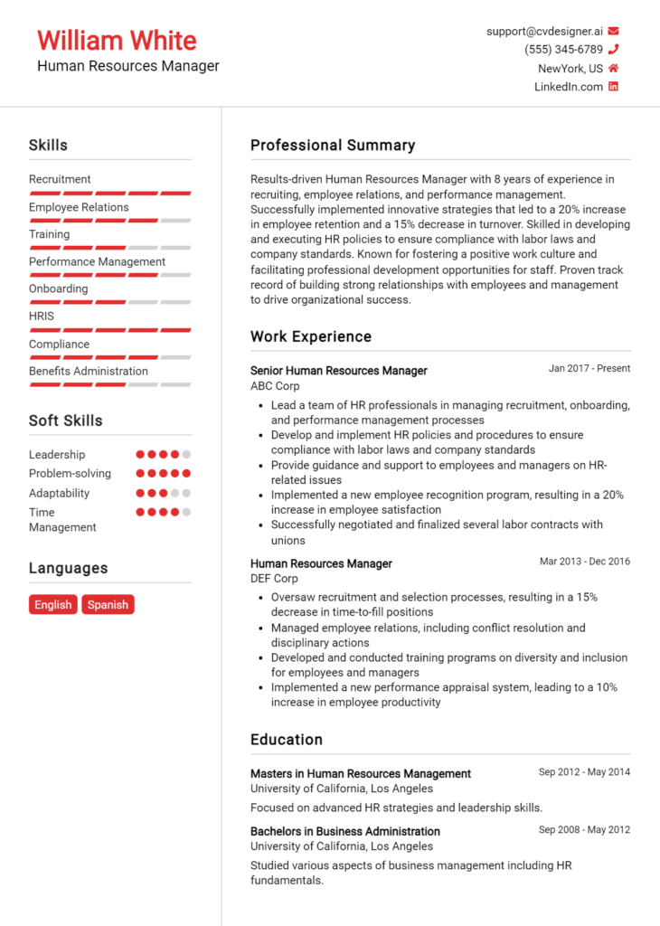 Human Resources Manager Resume Example