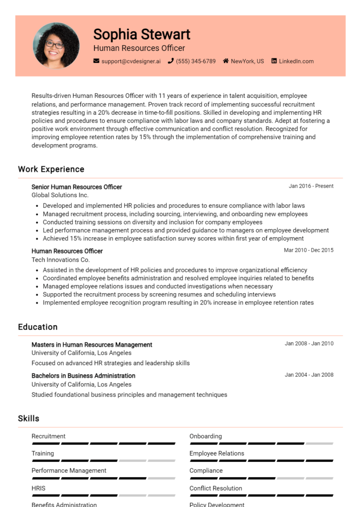 Human Resources Officer Resume Example