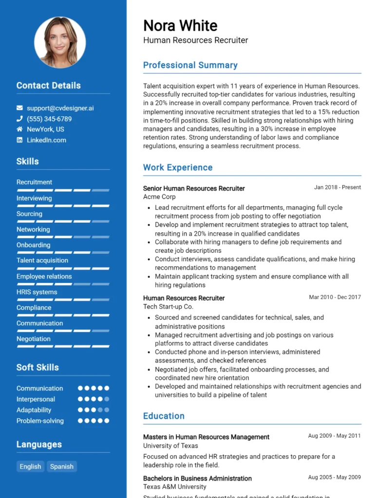 Human Resources Recruiter CV Example