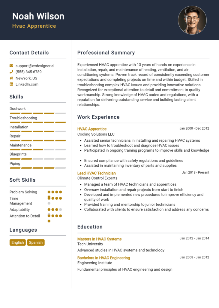 Hvac Apprentice Resume Example for 2024: Free Downloadable Templates ...