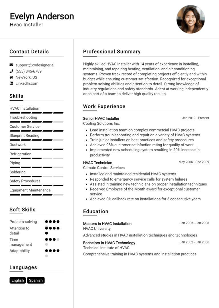 Hvac Installer Resume Example for 2025: Samples & Best Practices