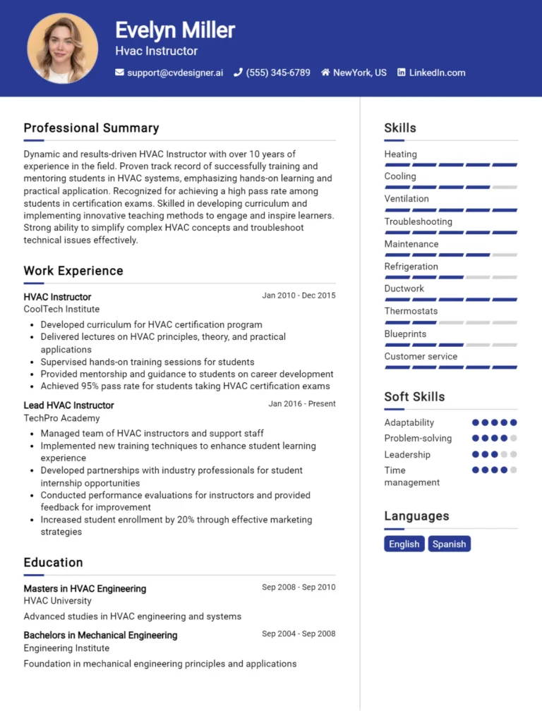HVAC Instructor CV Example For 2025: Best Tips & Templates