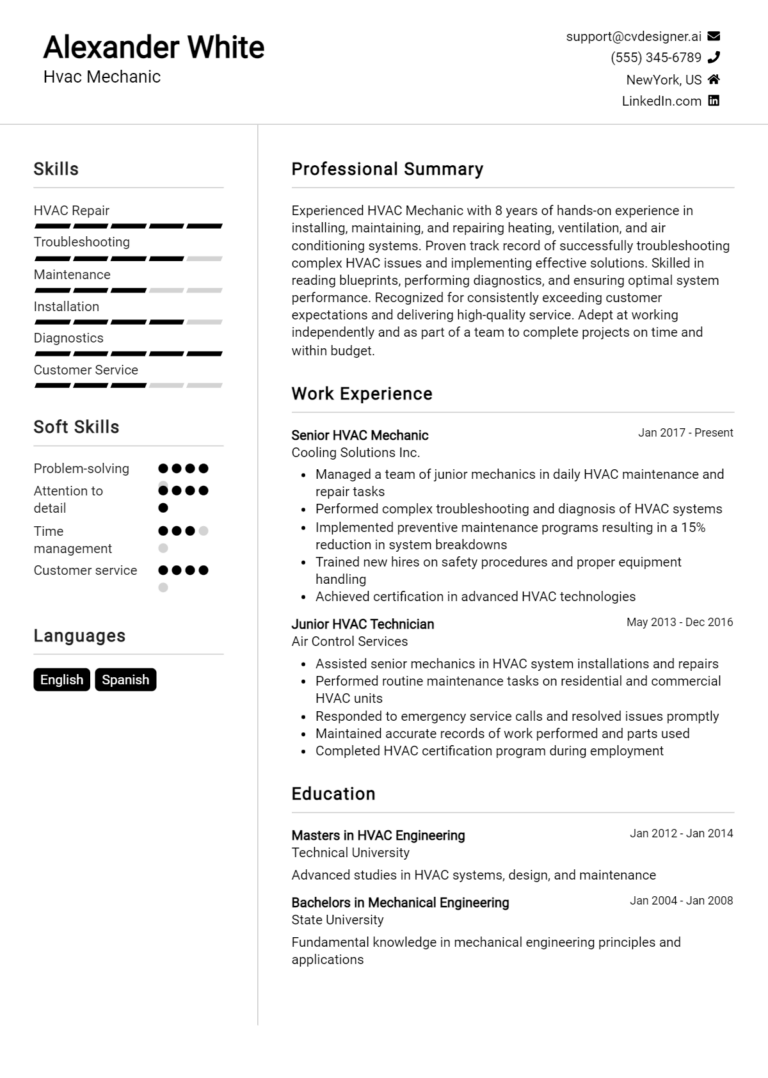 Hvac Mechanic Resume Example for 2025: Effective CV Writing Tips