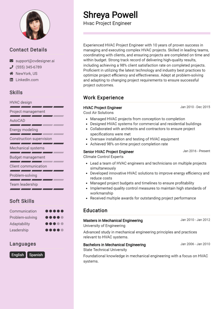 Hvac Project Engineer Resume Example for 2025: Free Professional Templates
