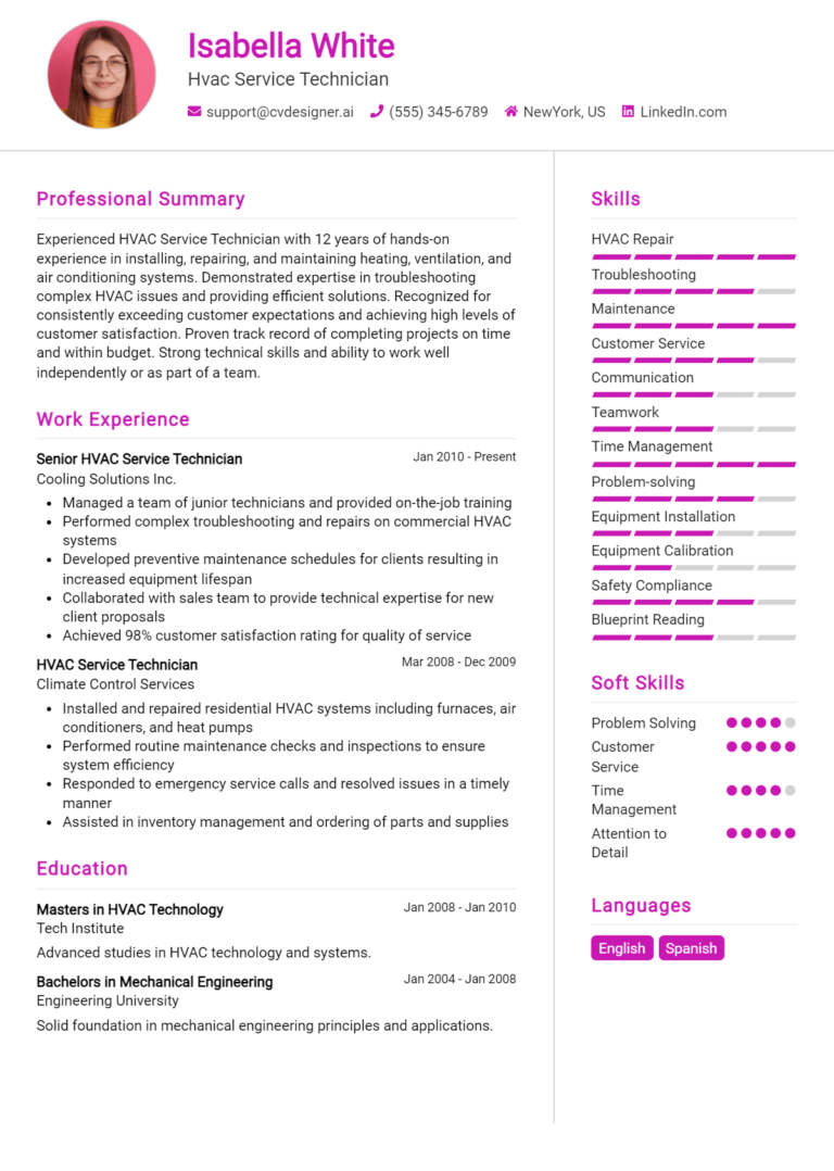 Hvac Service Technician Resume Example for 2025: Strategies & Templates