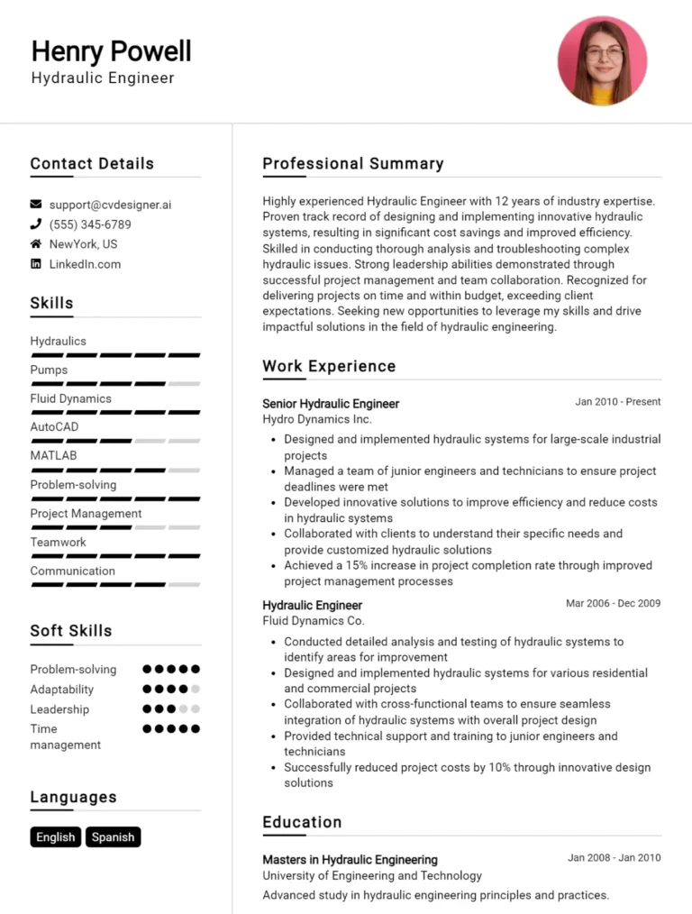 Hydraulic Engineer CV Example For 2025: Professional CV Templates