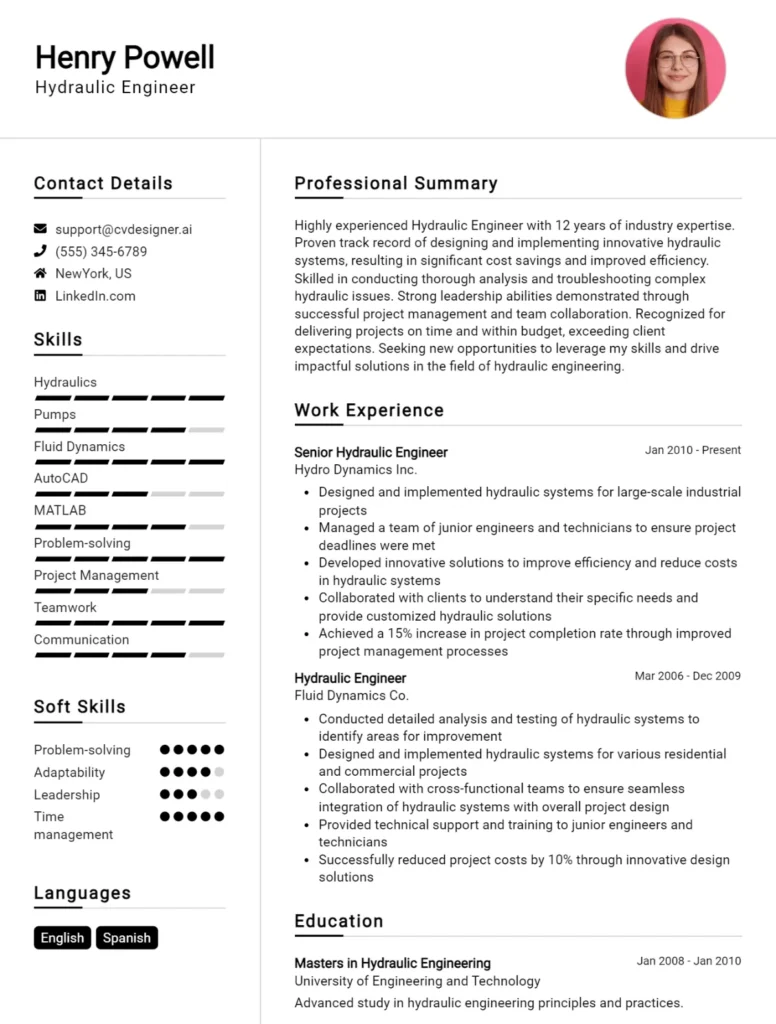 Hydraulic Engineer CV Example