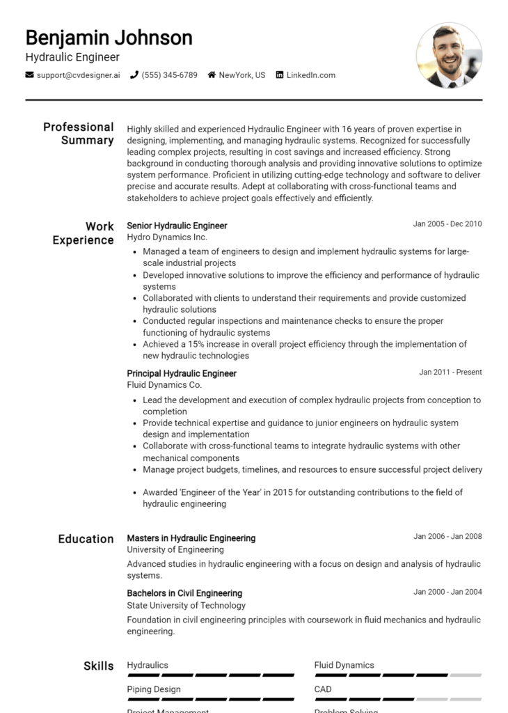 Hydraulic Engineer Resume Example for 2024: Ultimate Guide - CVDesigner.ai