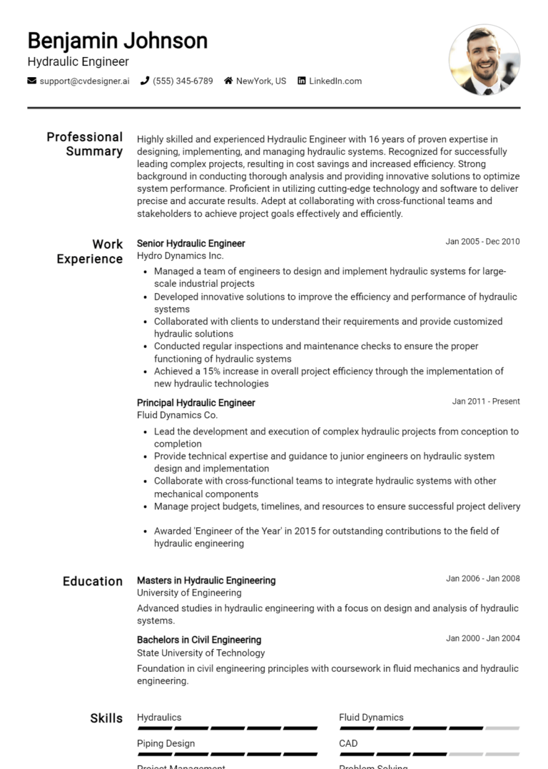 Hydraulic Engineer Resume Example for 2025: Ultimate Guide