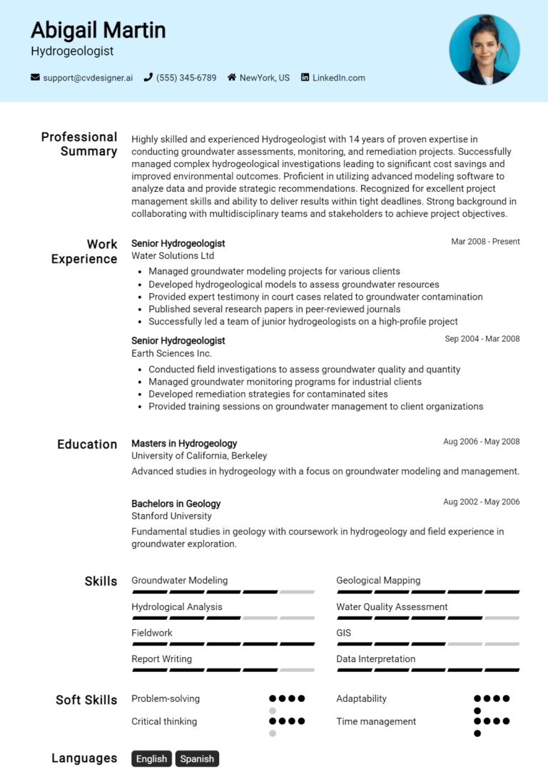 Hydrogeologist Resume Example for 2025: Free Professional Templates