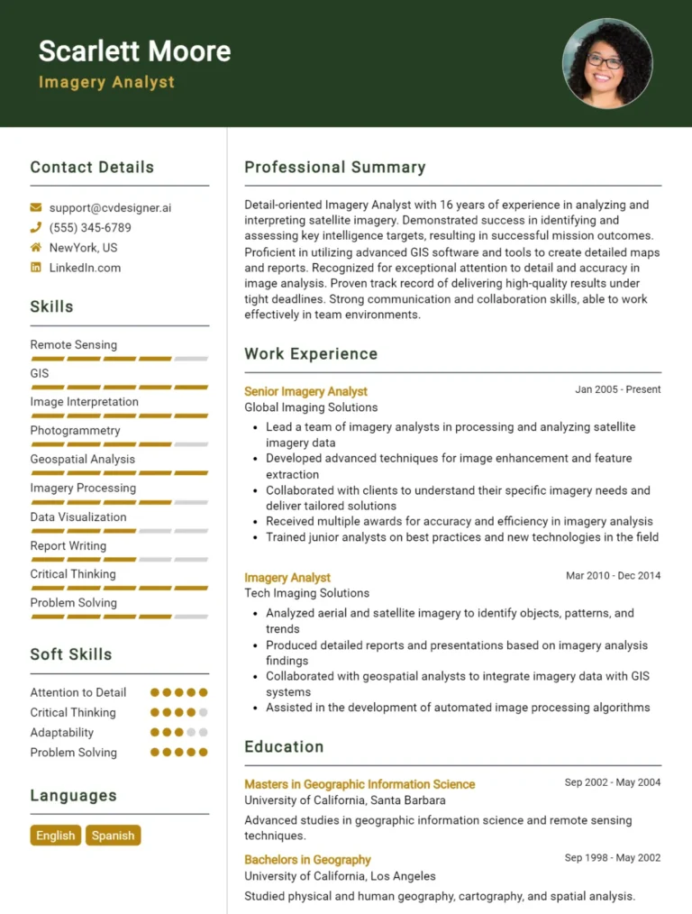 Imagery Analyst CV Example For 2025: Top Tips & Samples