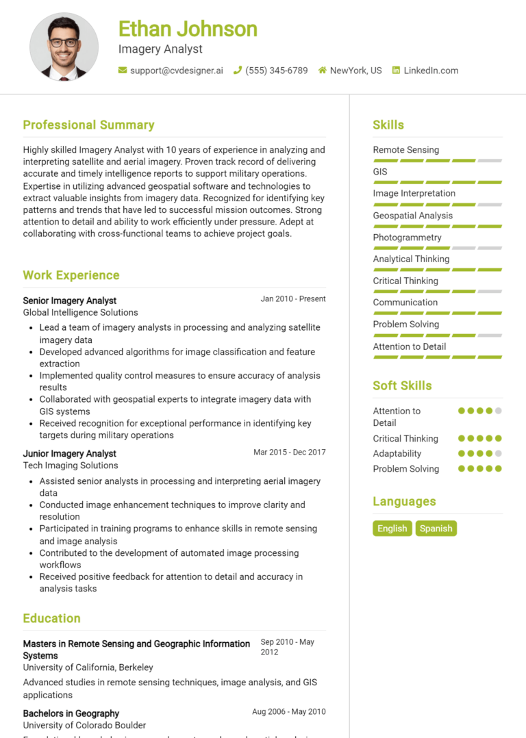 Imagery Analyst Resume Example for 2025: Effective CV Writing Tips
