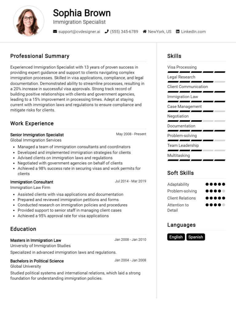 Immigration Specialist Resume Example for 2025: Best Writing Guide