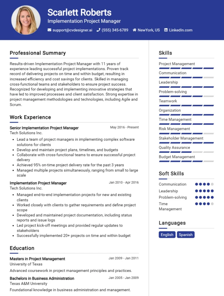 Implementation Project Manager CV Example For 2025: Top CV Skills