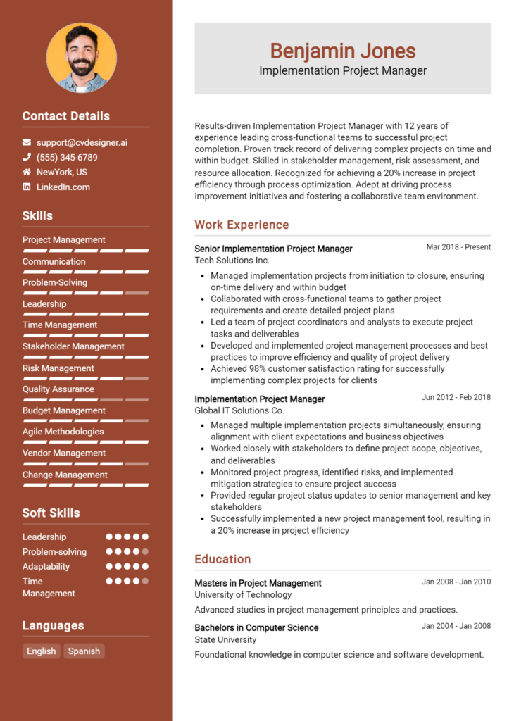 Implementation Project Manager Resume Example for 2024: Best Writing ...