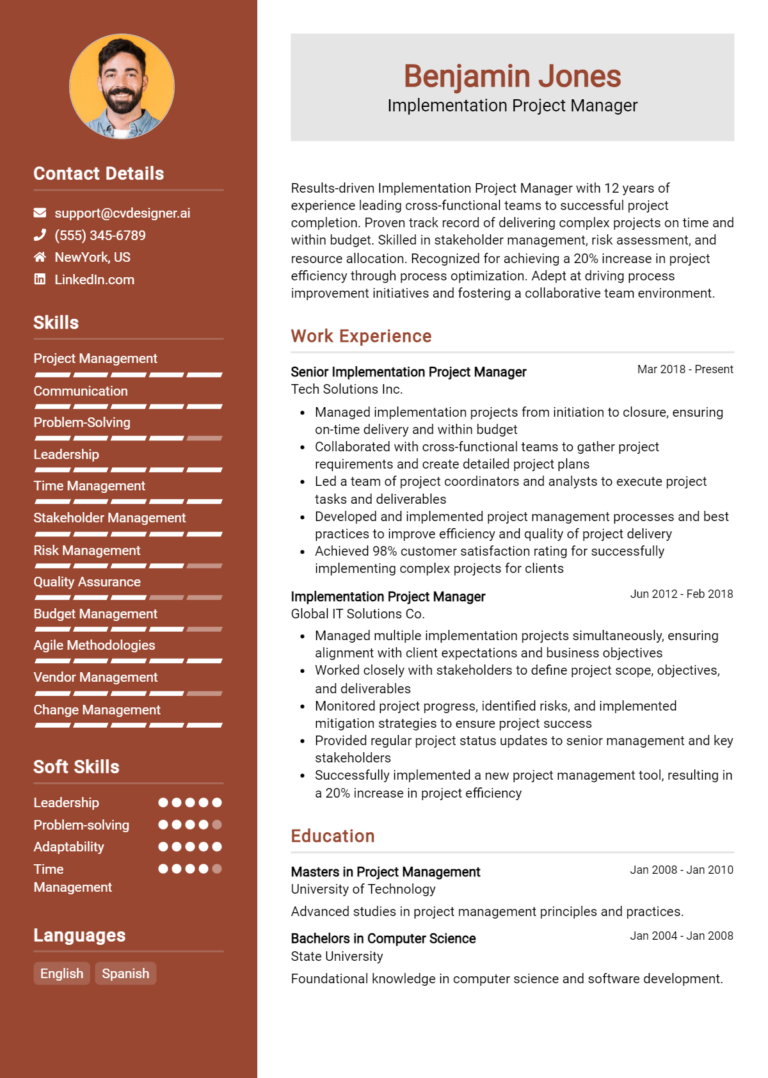 Implementation Project Manager Resume Example for 2025: Best Writing Guide