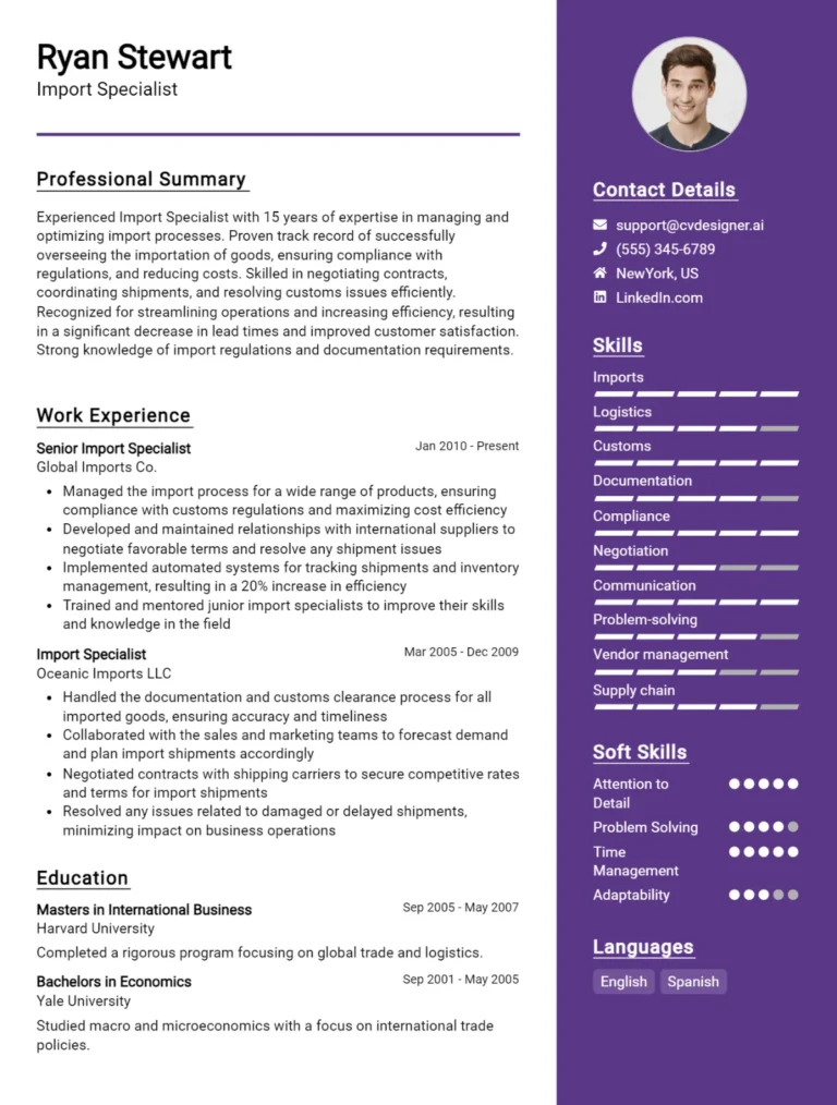 Import Specialist CV Example For 2025: Free Downloadable Templates