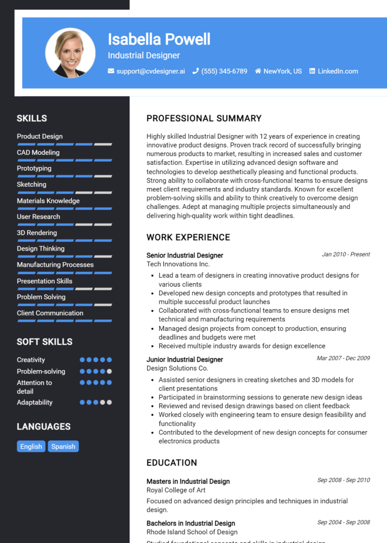 Industrial Designer Resume Example for 2025: Resume Guide