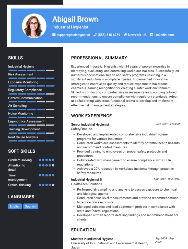 Industrial Hygienist CV Example For 2025: Free Professional Templates