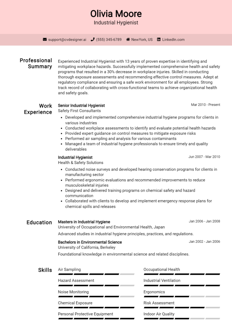 Industrial Hygienist Resume Example for 2025: Proven Tips & Templates
