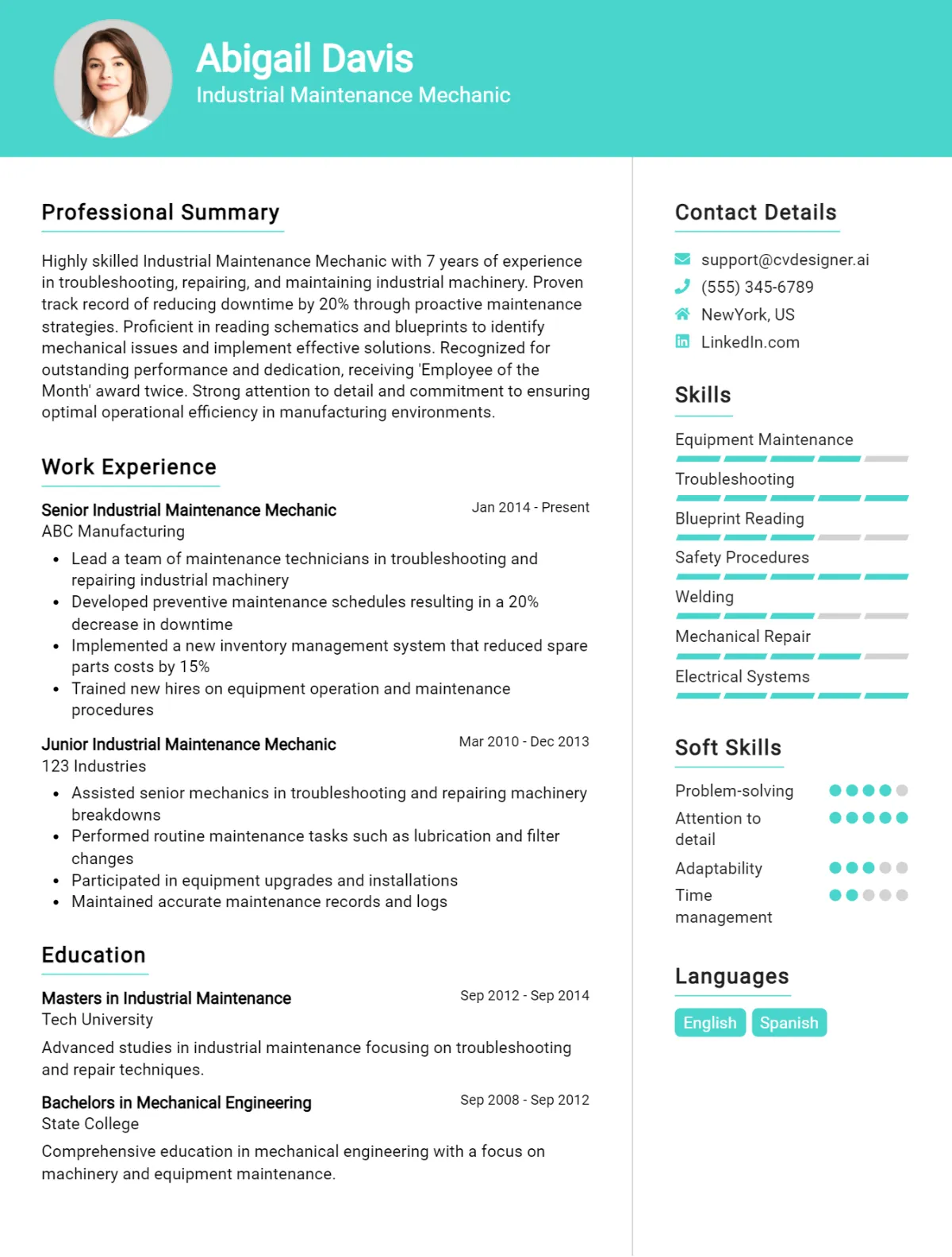 Industrial Maintenance Mechanic CV Example