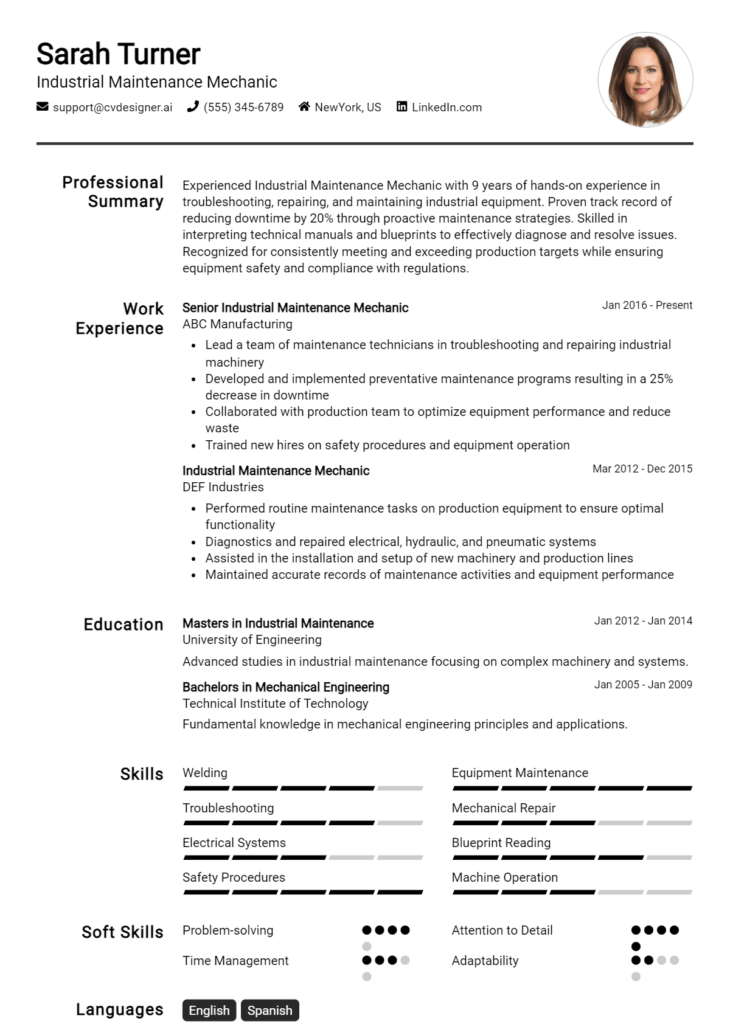 Industrial Maintenance Mechanic Resume Example