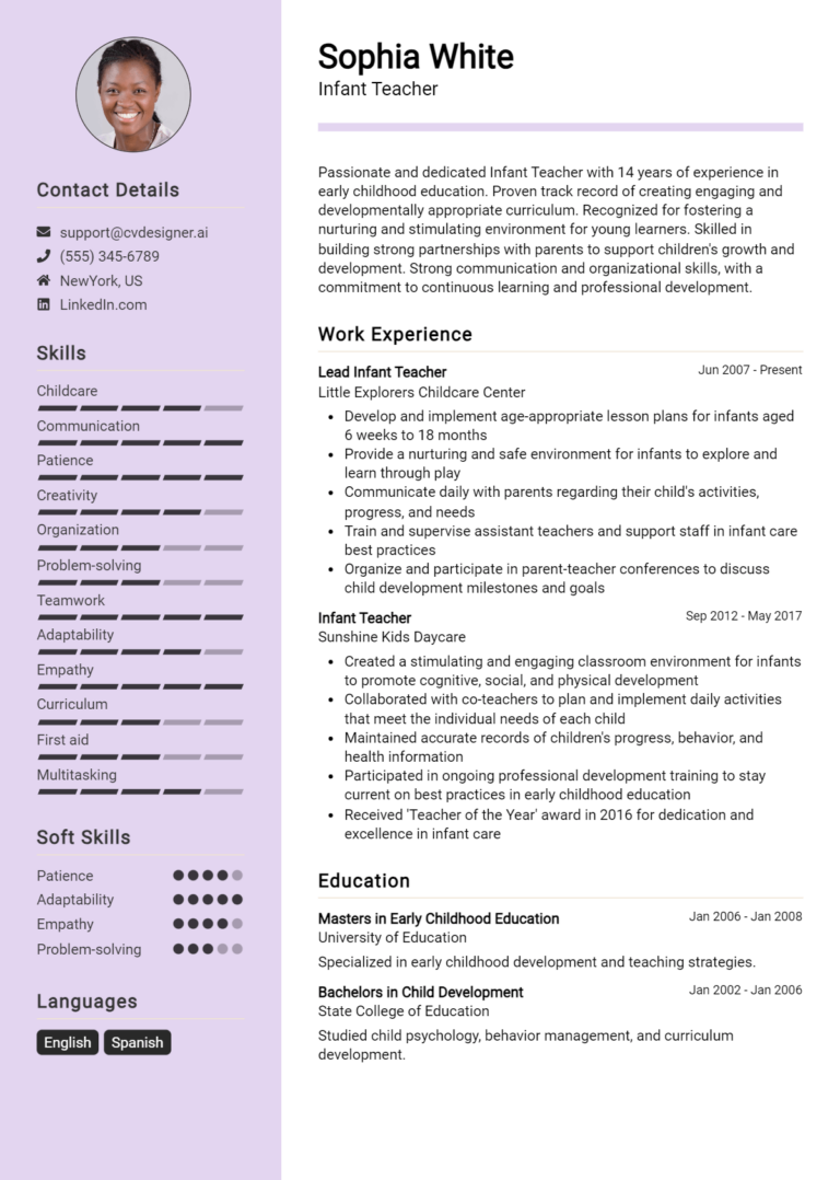Infant Teacher Resume Example for 2025: Top CV Skills