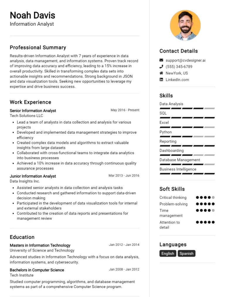 Information Analyst CV Example For 2025: Free Professional Templates