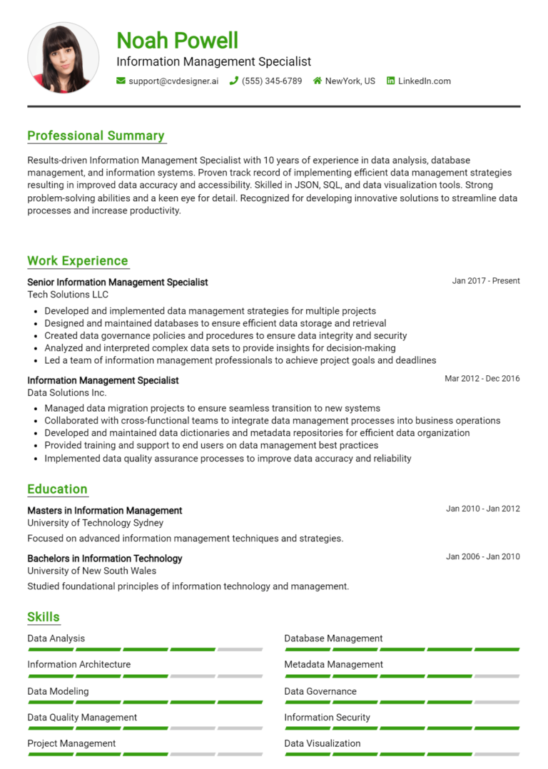 Information Management Specialist Resume Example for 2025: Tips to Stand Out