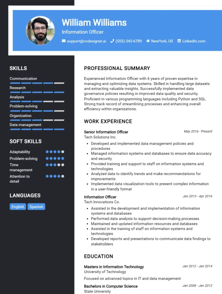 Information Officer CV Example For 2025: Top CV Skills
