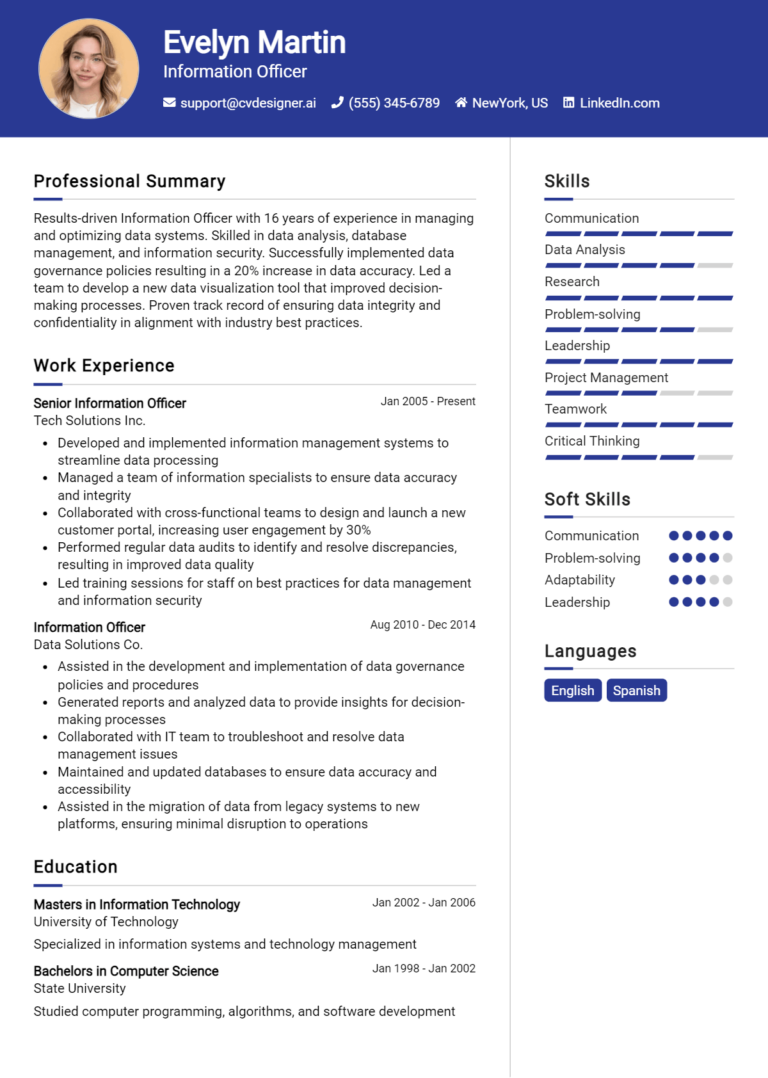 Information Officer Resume Example for 2025: Free Templates