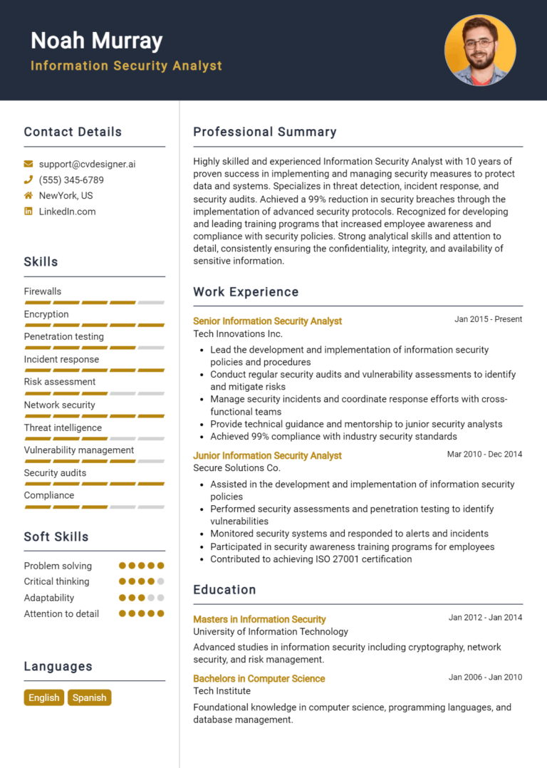 Information Security Analyst Resume Example for 2025: Best Writing Guide