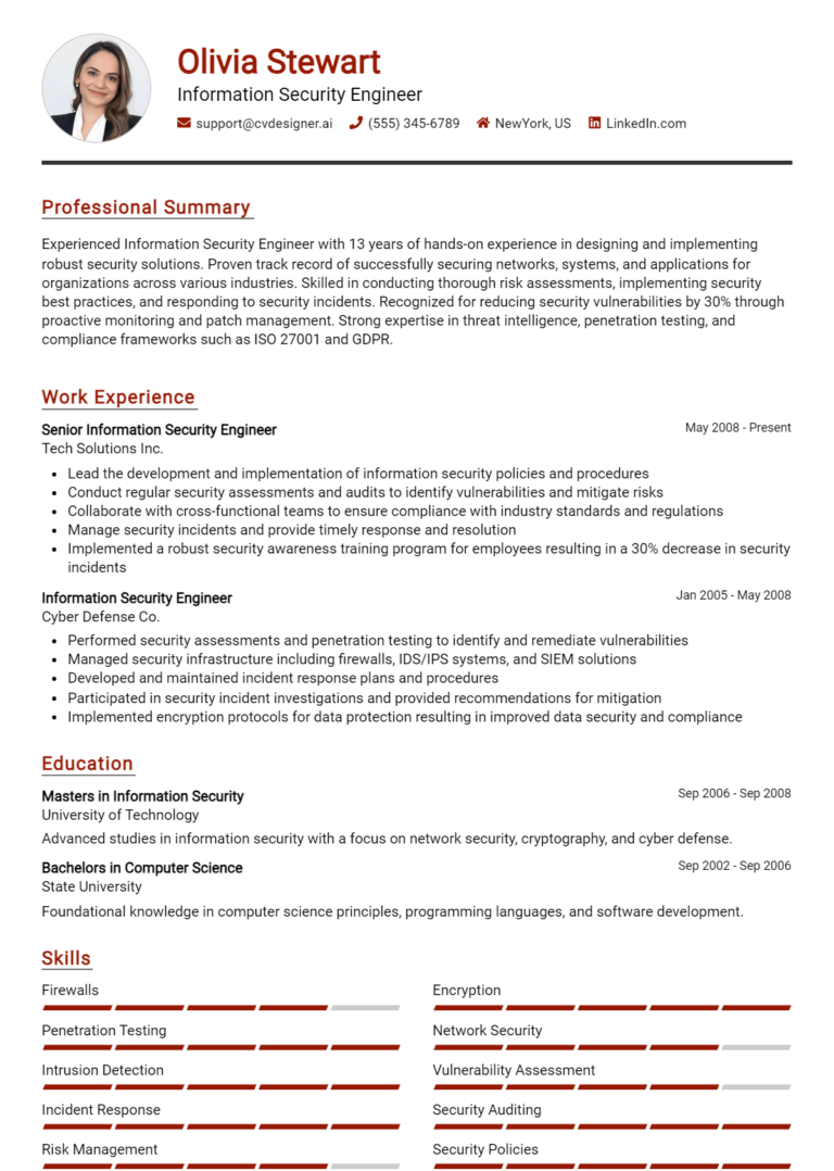 Information Security Engineer Resume Example for 2025: Free Samples