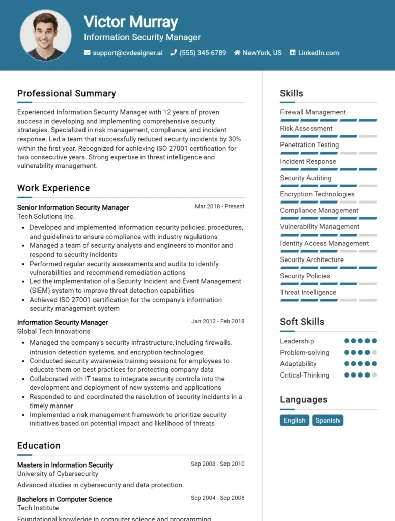 Information Security Manager CV Example