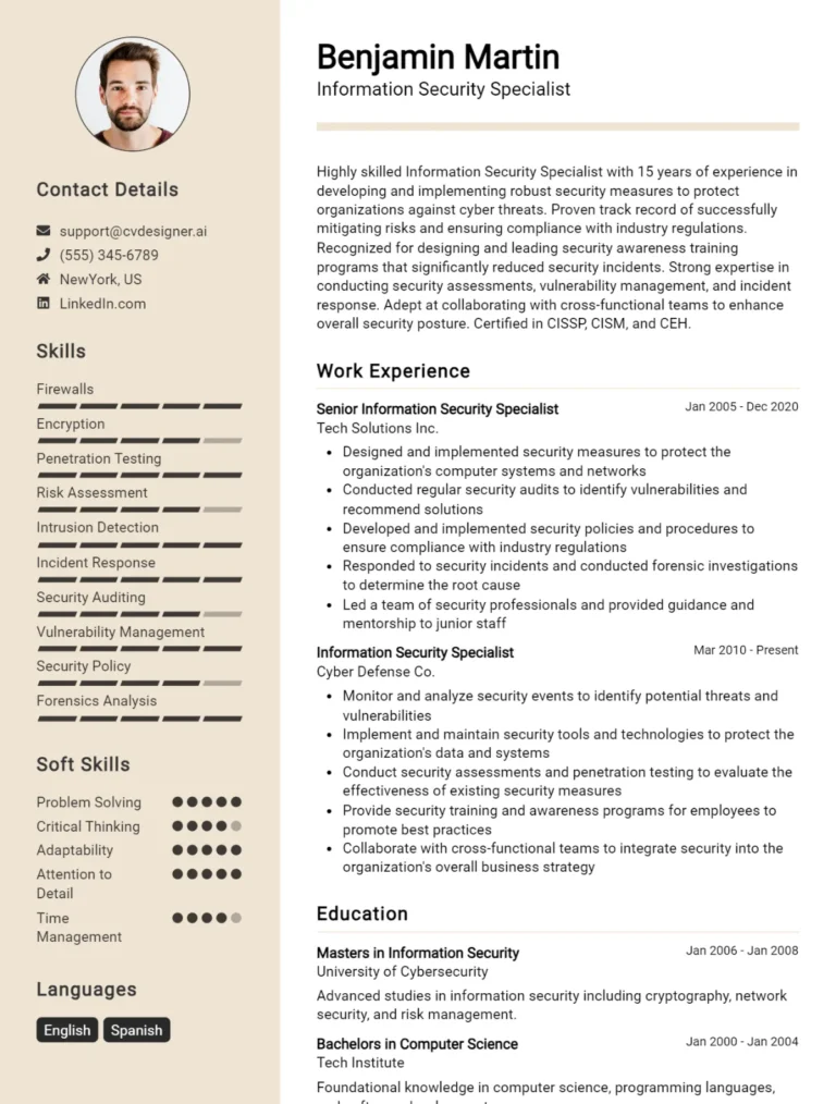 Information Security Specialist CV Example For 2025: Best Formatting Tips